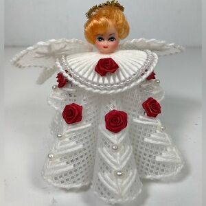 Kitschy Handmade Vintage Angel Christmas Tree Topper Plastic Canvas Roses Pearl